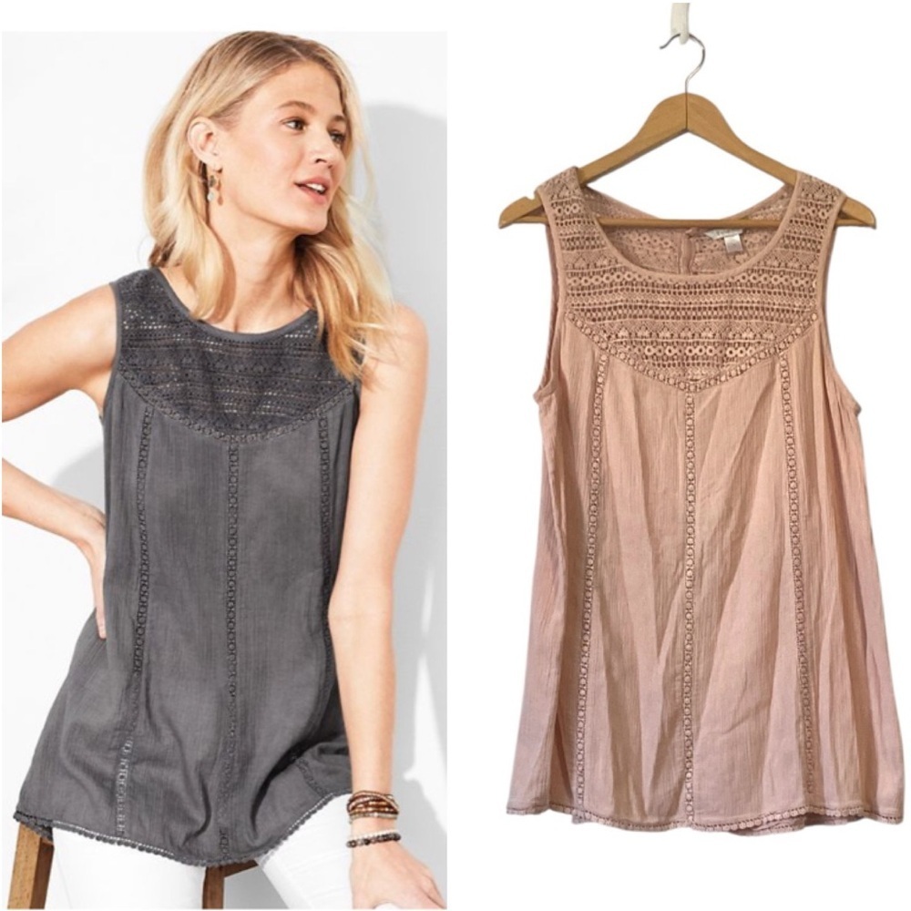 Garnet Hill pink Lace-Yoke Sleeveless Tunic shirt size 12